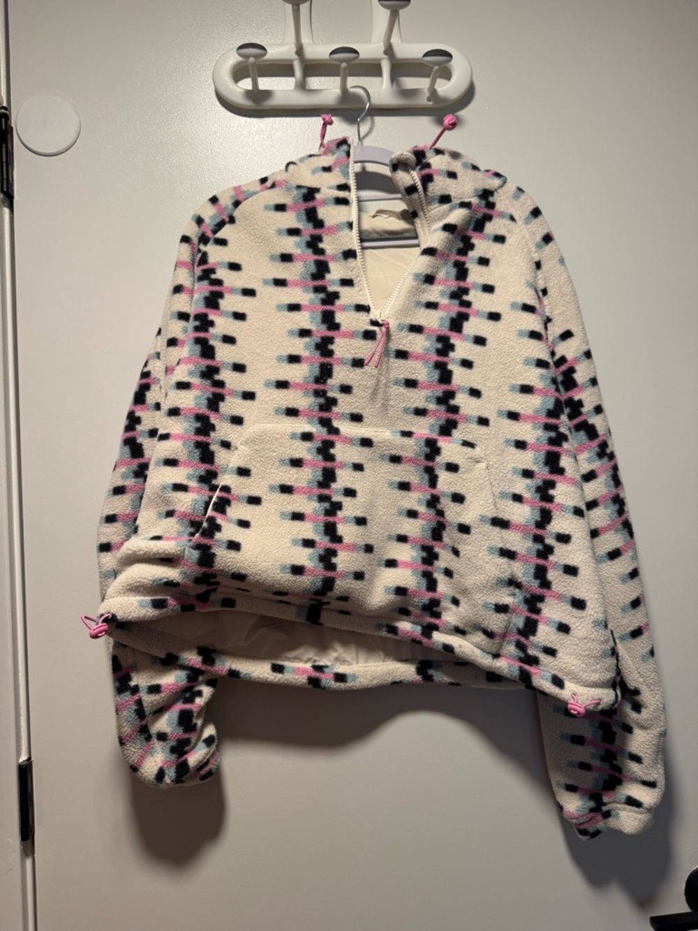 Outdoor Voices Cream Fleece Half-Zip with Black and Pink Pattern
